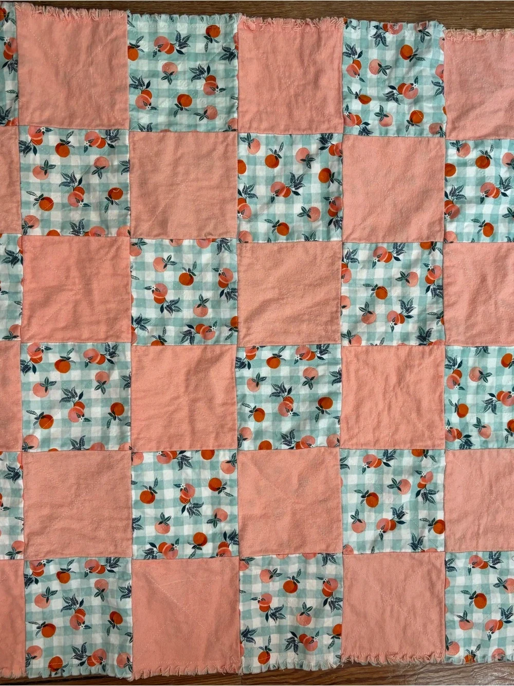 Handmade Peach Checkerboard Cotton Quilted Baby Blanket - Soft Peach and Mint